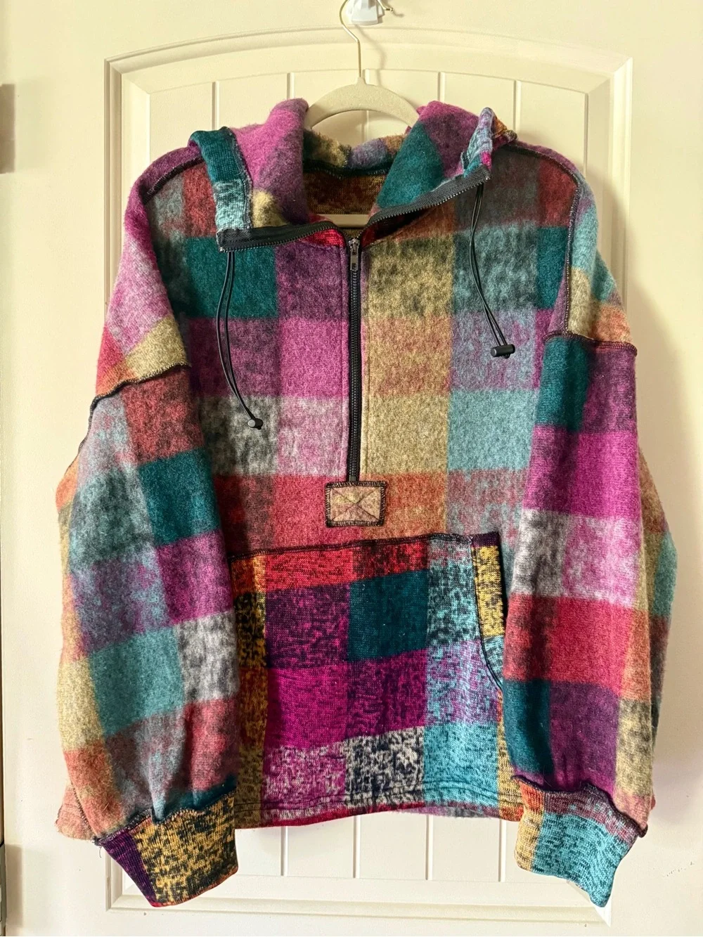 Plaid Multicolor Half-Zip Hoodie Sweatshirt - Pink Teal Mustard - Picture 2 of 15